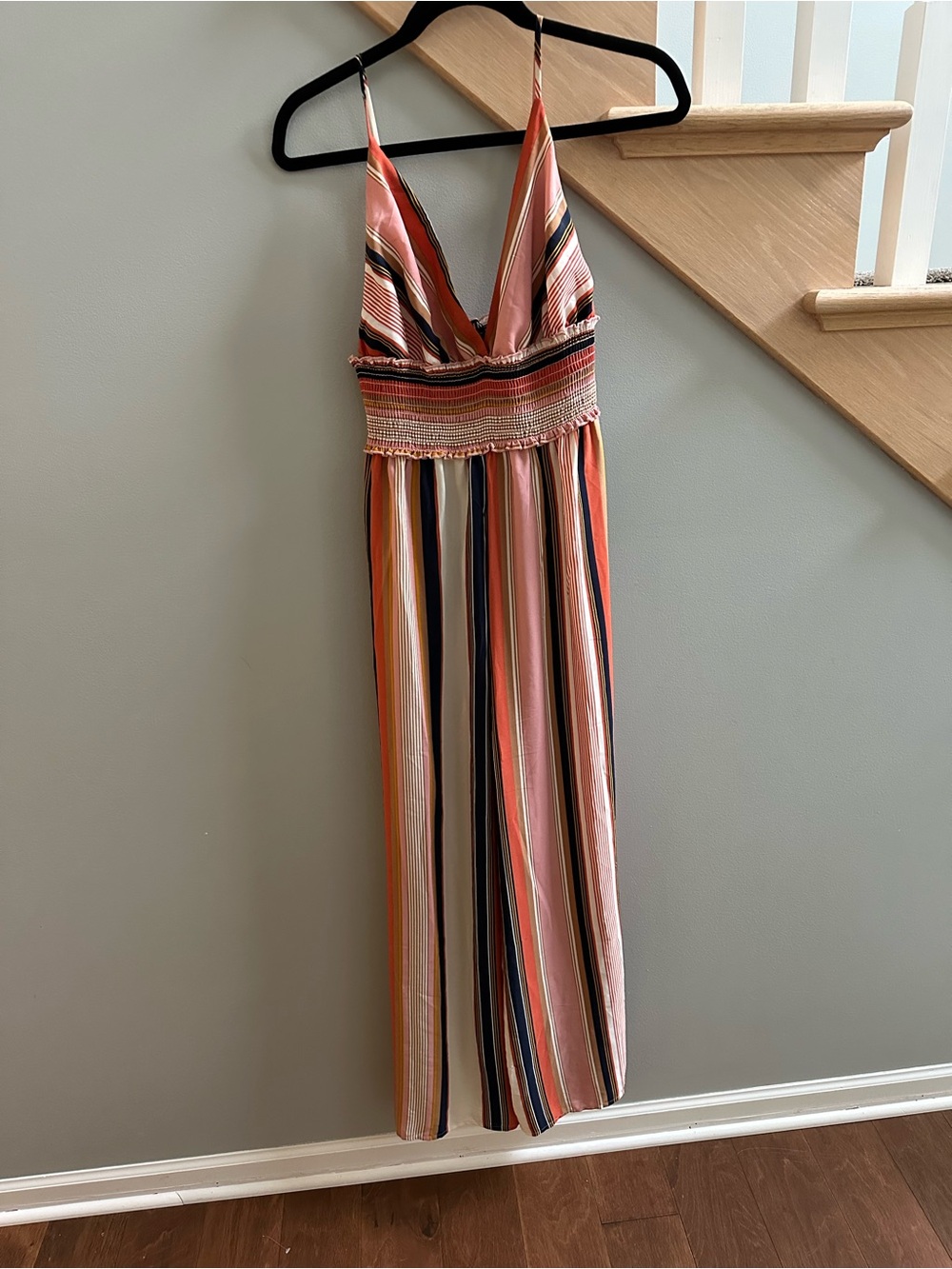 Timing Striped V-Neck Jumpsuit in Coral, Pink & Navy